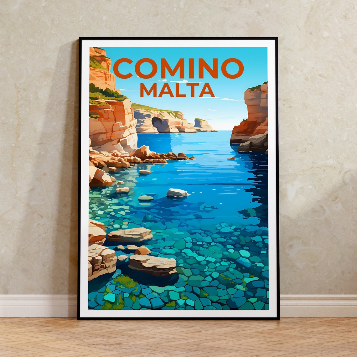 Comino Malta Turquoise Lagoon Cliffs Clear Water Island Travel Poster
