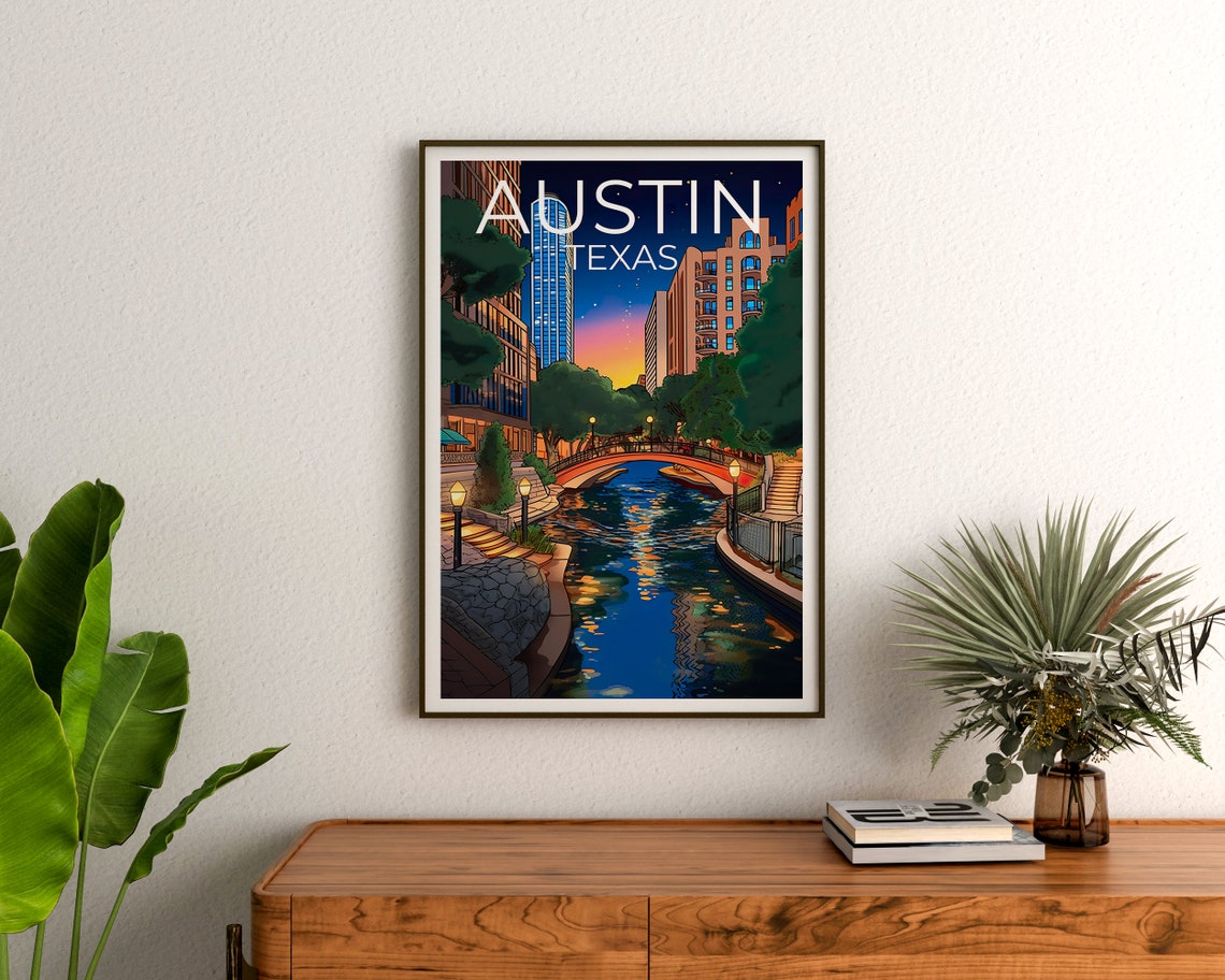 Austin Texas Nighttime River Walk Skyline Bridge Travel Poster - Image 3