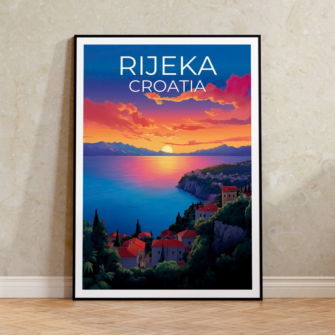 Rijeka Croatia Coastal Town Sunset Bay Red Roof Houses Travel Poster