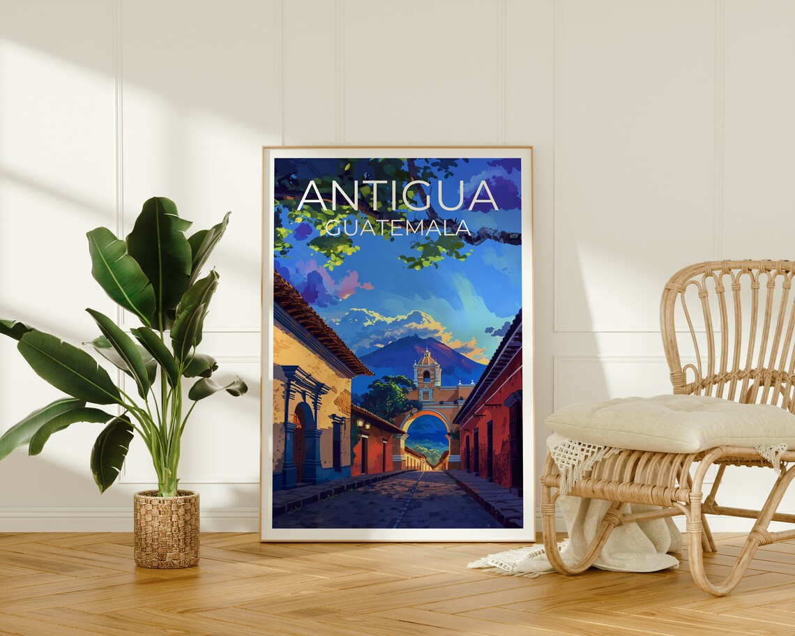 Antigua Guatemala Colonial Arch Volcano Cobblestone Street View Poster - Image 2