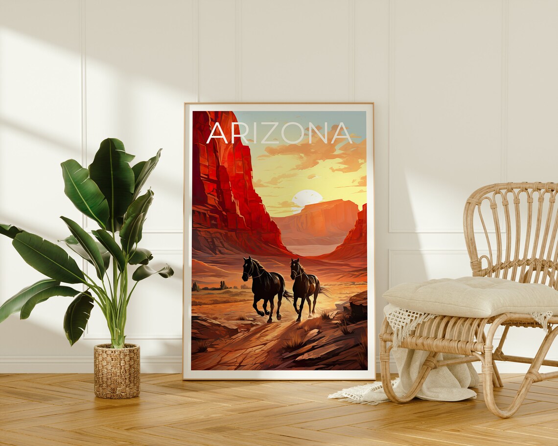Arizona Horses Red Rock Canyon Sunset Wild West Travel Poster - Image 2