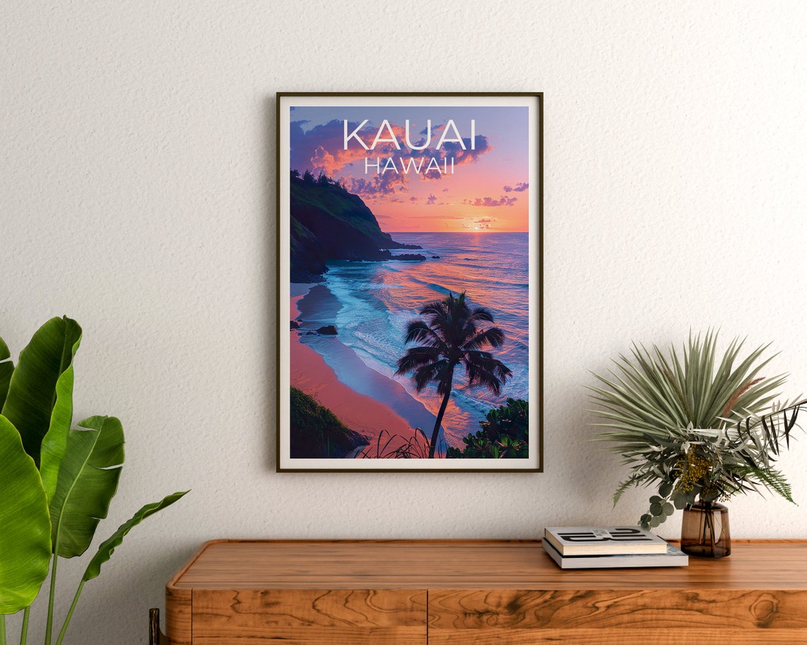Kauai Hawaii Beach Sunset Cliffs Palm Tree Coastal View Travel Poster - Image 3