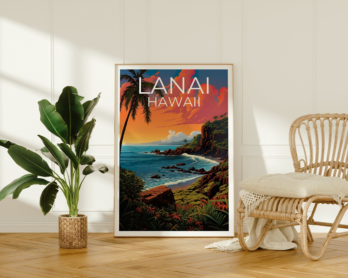 Lanai Hawaii Volcanic Rocky Coastline Sunset Surf View Travel Poster - Image 2