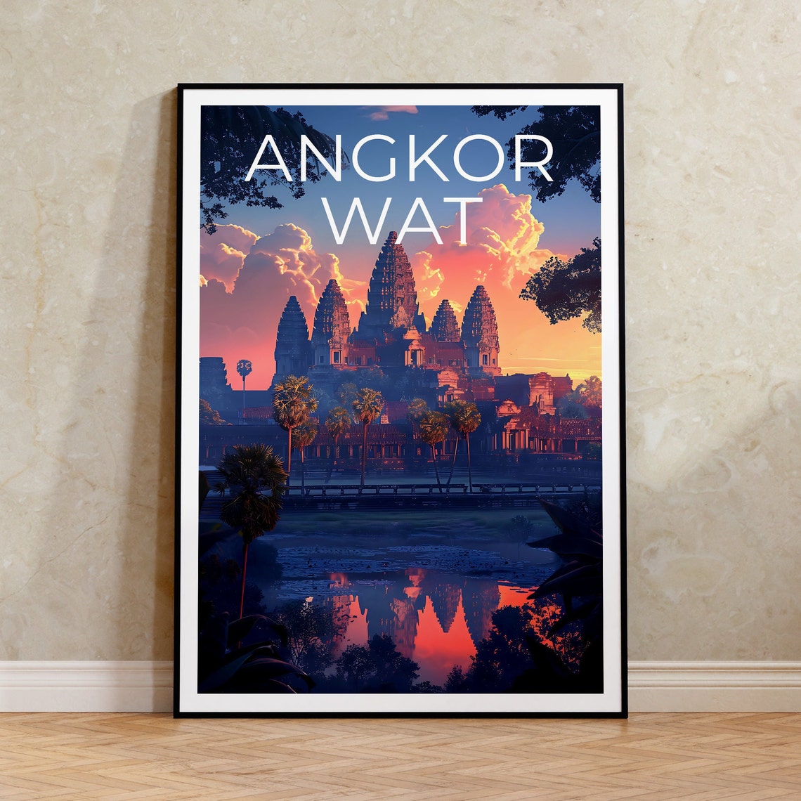 Angkor Wat Cambodia Temple Sunrise Reflection Jungle Travel Poster