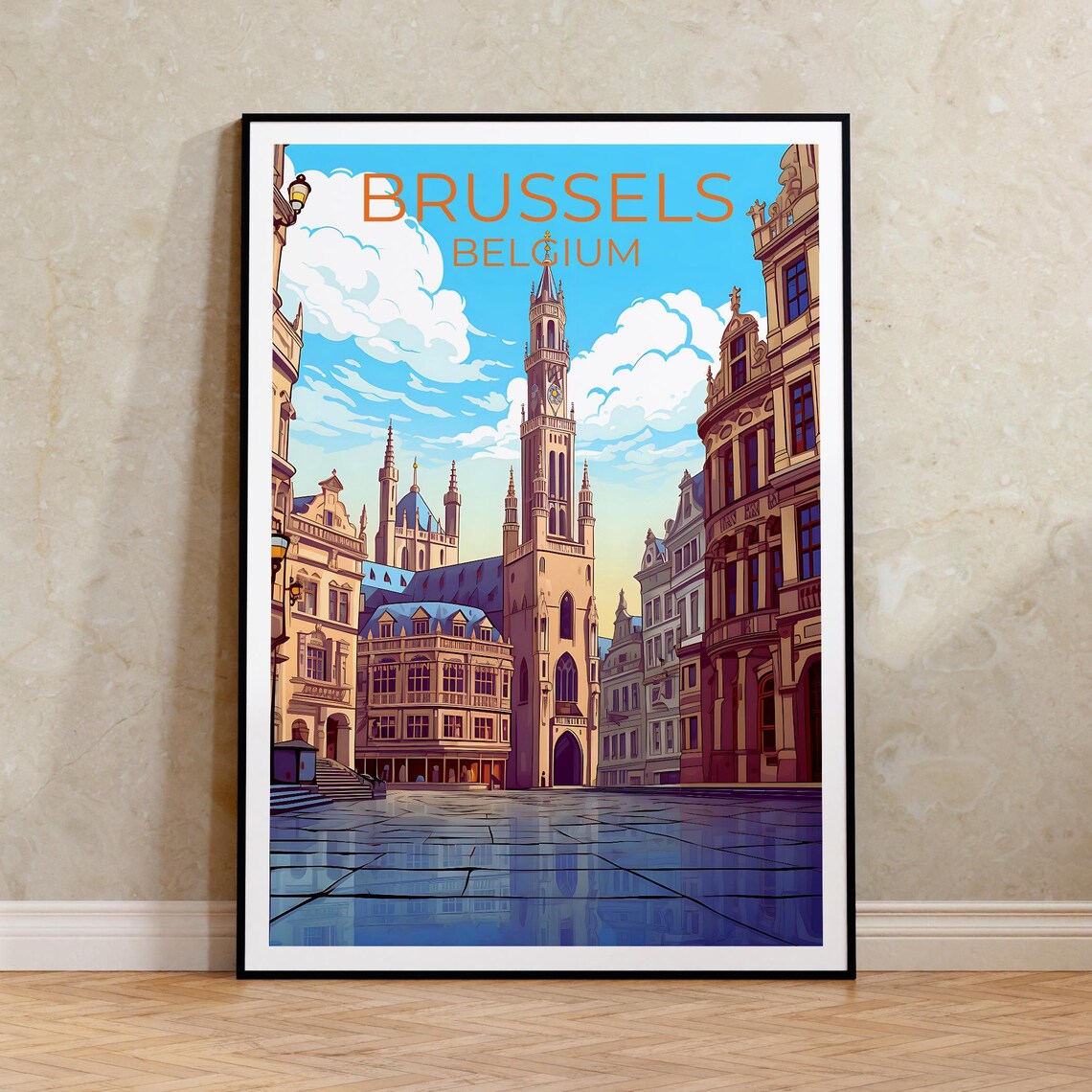 Brussels Belgium Grand Place Town Hall Tower Morning Travel Poster