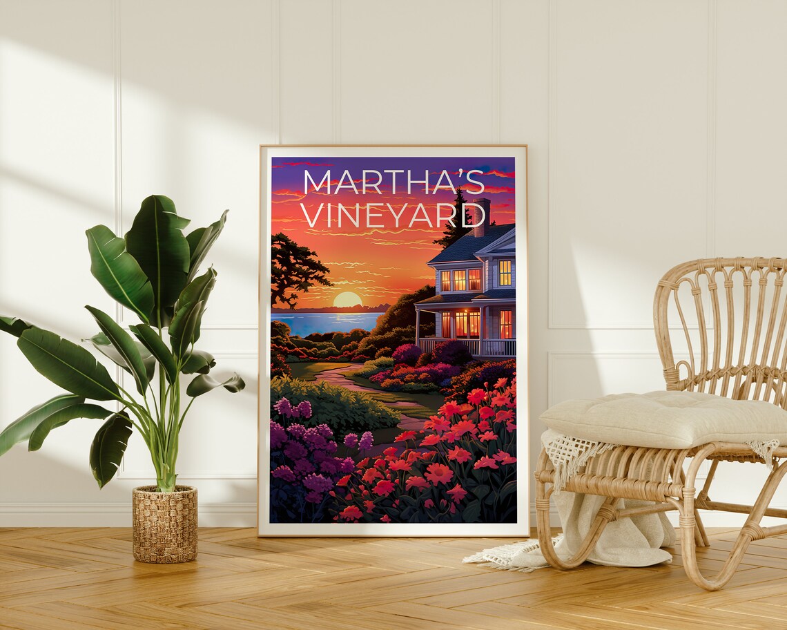 Martha's Vineyard Cottage Garden Sunset Waterfront Travel Poster - Image 2