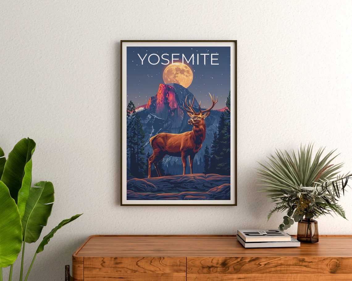 Yosemite Elk Full Moon Night Half Dome Mountain Scene Poster - Image 3