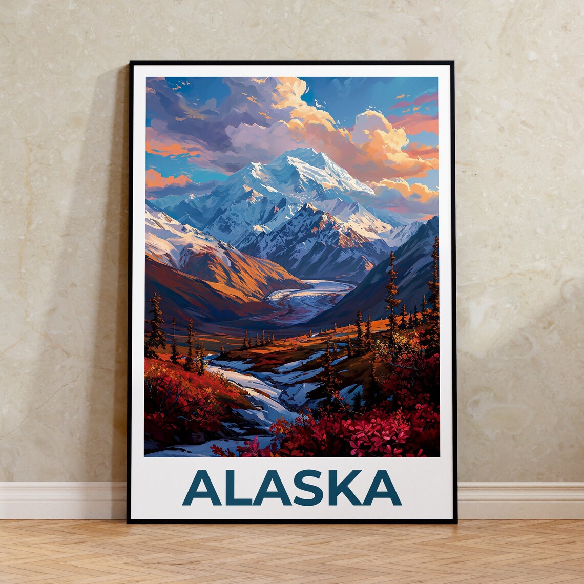 Alaska Snowy Mountain Glacier Valley Autumn Colors Travel Poster
