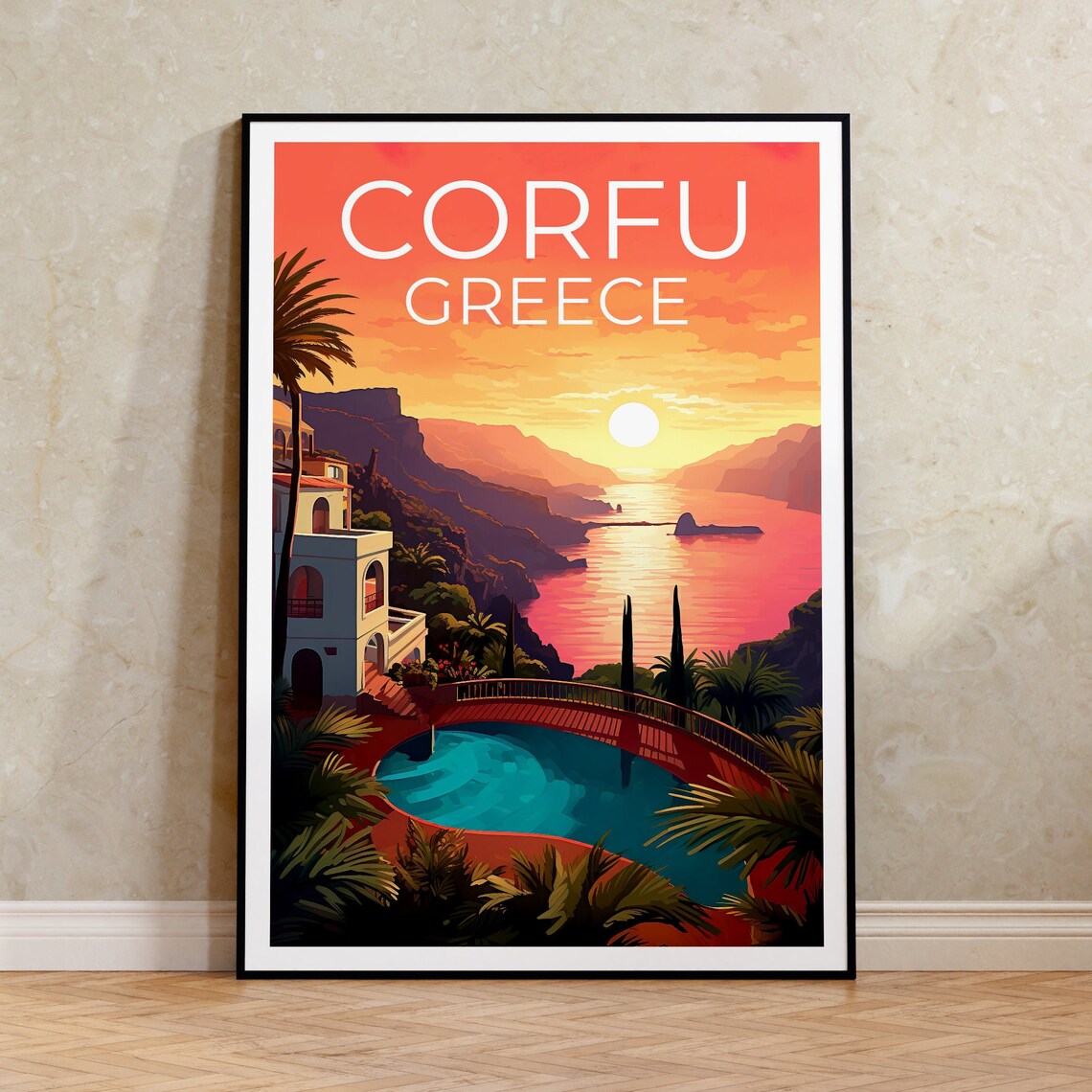 Corfu Greece Villa Pool Terrace Sunset Ionian Sea View Travel Poster
