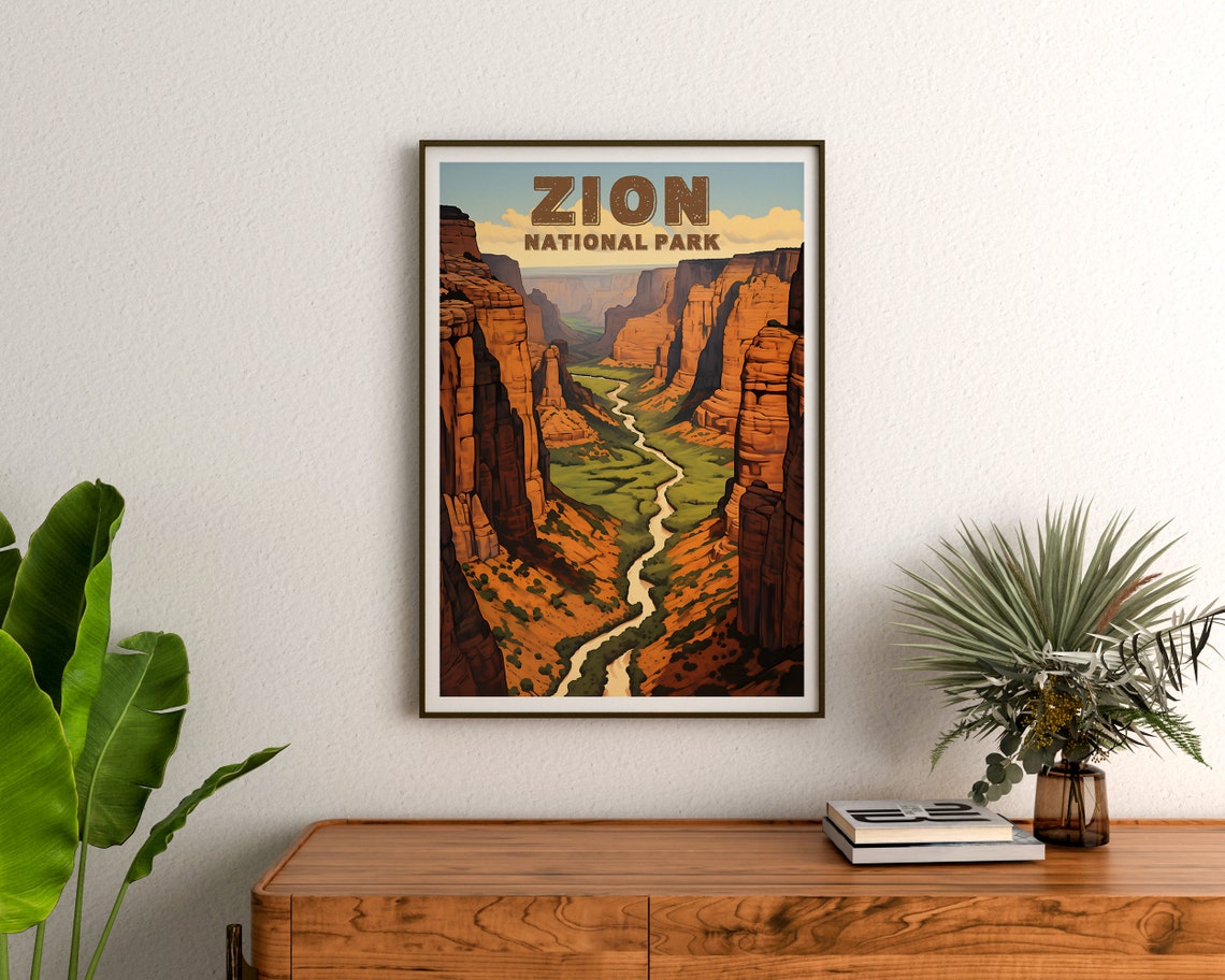 Zion National Park Red Canyon Cliffs Winding River Valley View Poster - Image 3