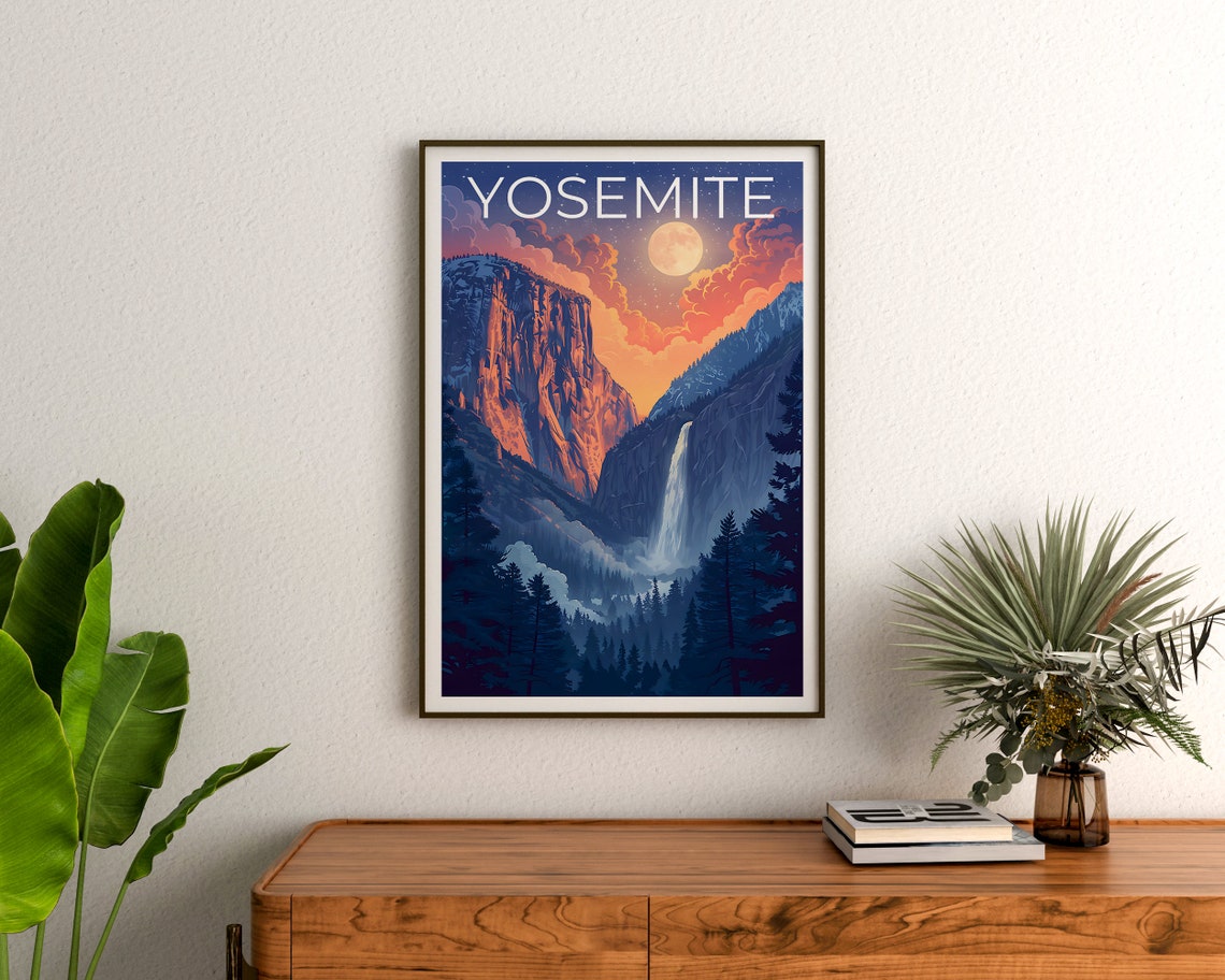 Yosemite National Park Moonlit Cliffs Waterfall Valley Travel Poster - Image 3