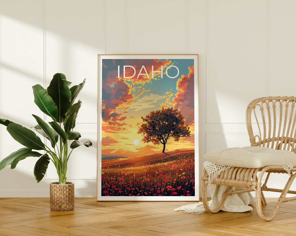 Idaho Lone Tree Sunset Wildflower Field Golden Plains Travel Poster - Image 2