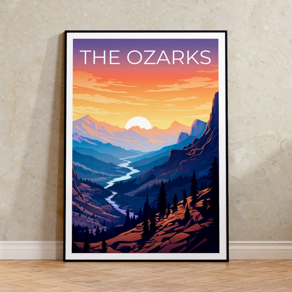 The Ozarks Mountains Sunset River Valley Scenic Travel Poster