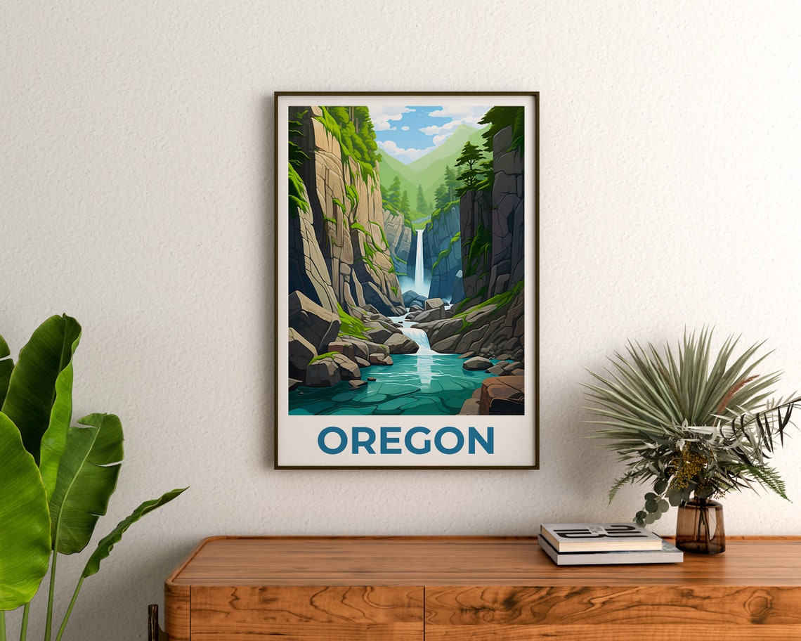 Oregon Gorge Waterfall Mossy Cliffs Turquoise Pool View Poster - Image 3