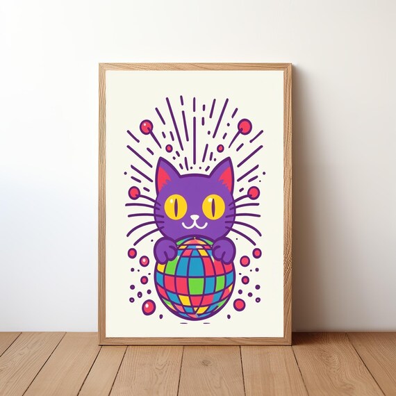 Purple Disco Cat Rainbow Ball Party Fun Quirky Animal Illustration Poster