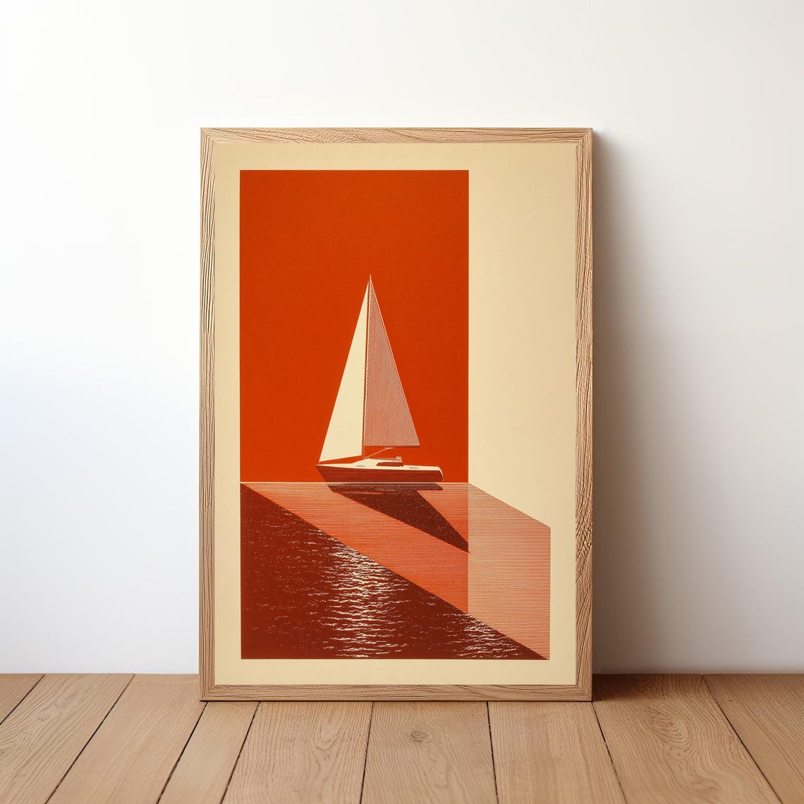 Retro Sailboat Red Sky Geometric Nautical Sunset Minimalist Poster