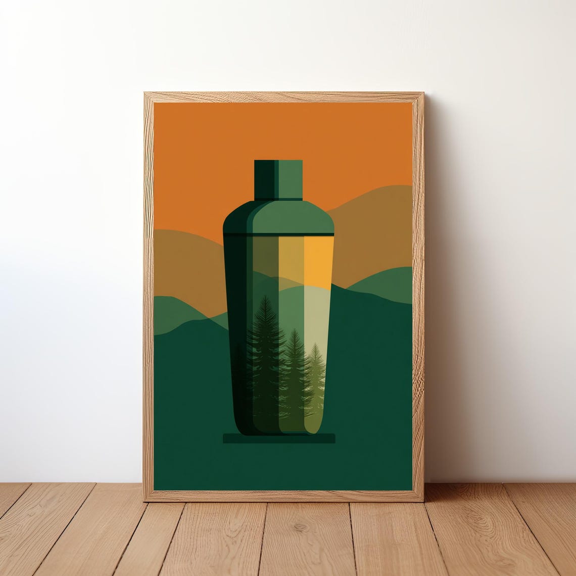 Cocktail Shaker Double Exposure Pine Forest Sunset Artistic Wall Print