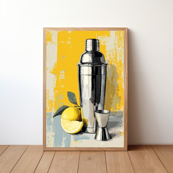 Retro Yellow Cocktail Shaker with Lemon and Jigger Bar Poster