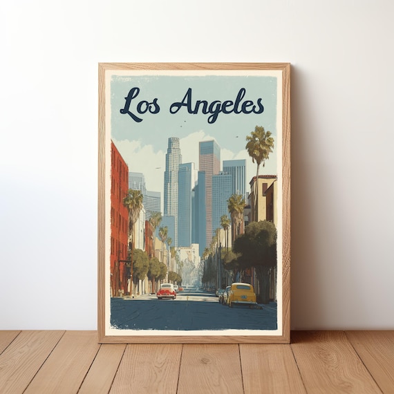 Los Angeles Retro Travel Poster Downtown Skyline Palm Trees Cars Art