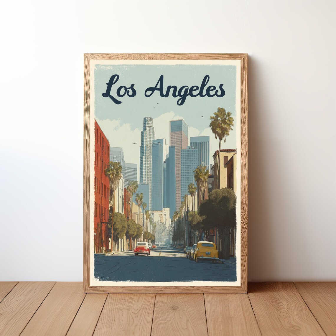 Los Angeles Retro Travel Poster Downtown Skyline Palm Trees Cars Art