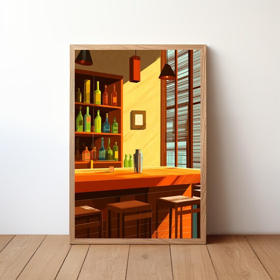 Retro Orange Cocktail Bar with Shaker and Wooden Stools Art Poster