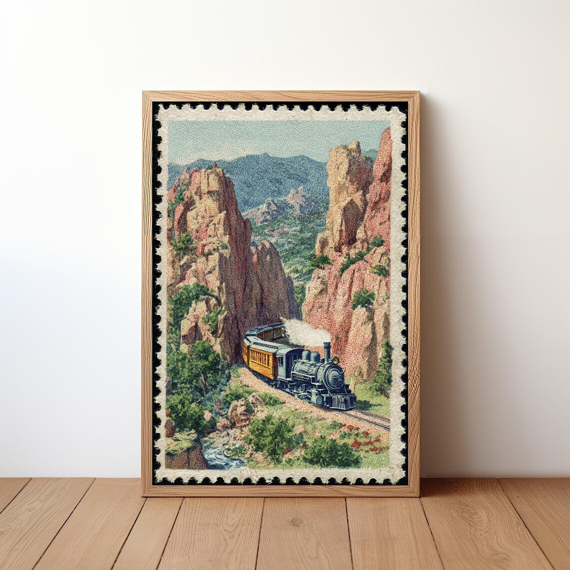 Vintage Train Stamp Steam Locomotive Red Rock Canyon Retro Poster
