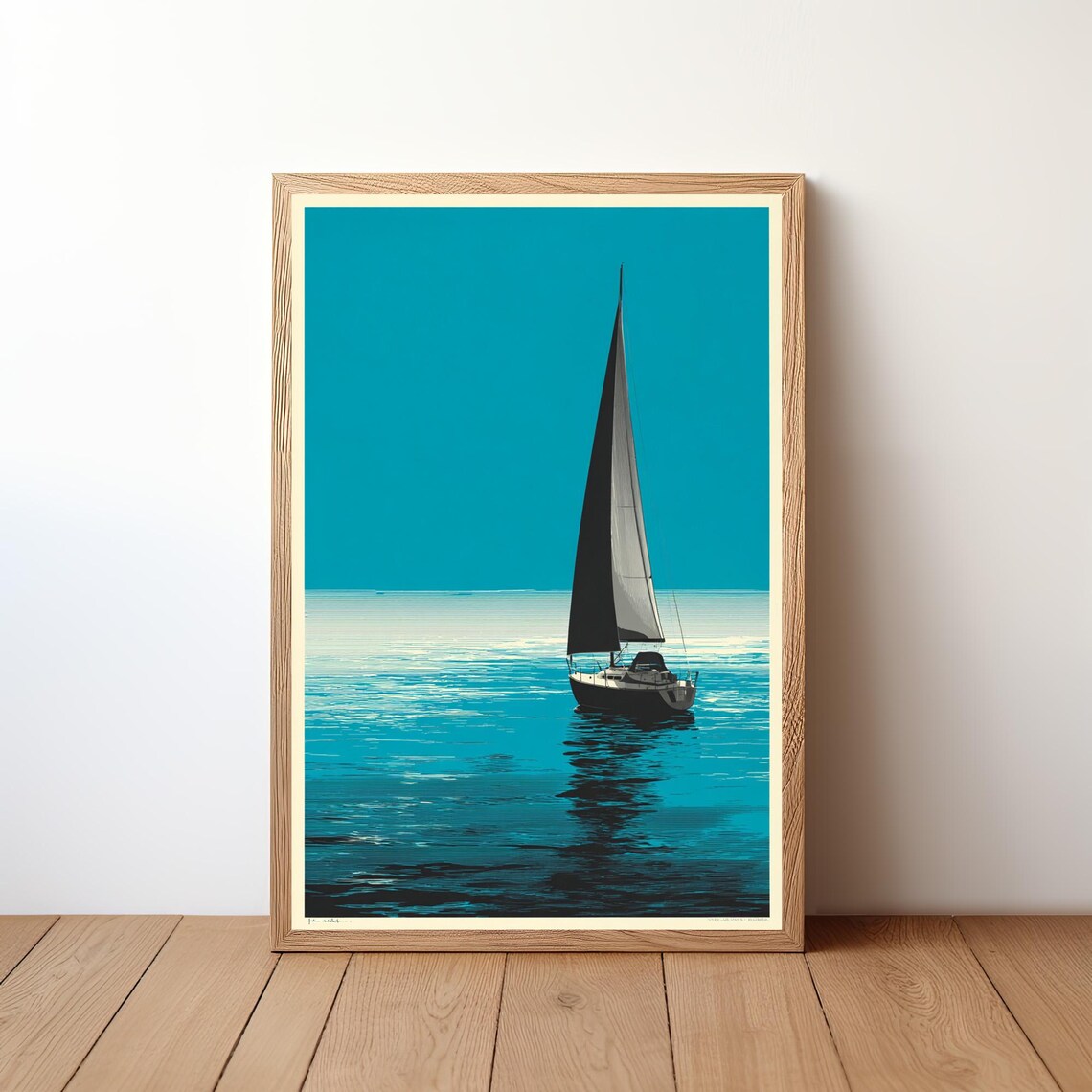 Sailboat Turquoise Sky Minimalist Calm Blue Sea Modern Nautical Art Poster
