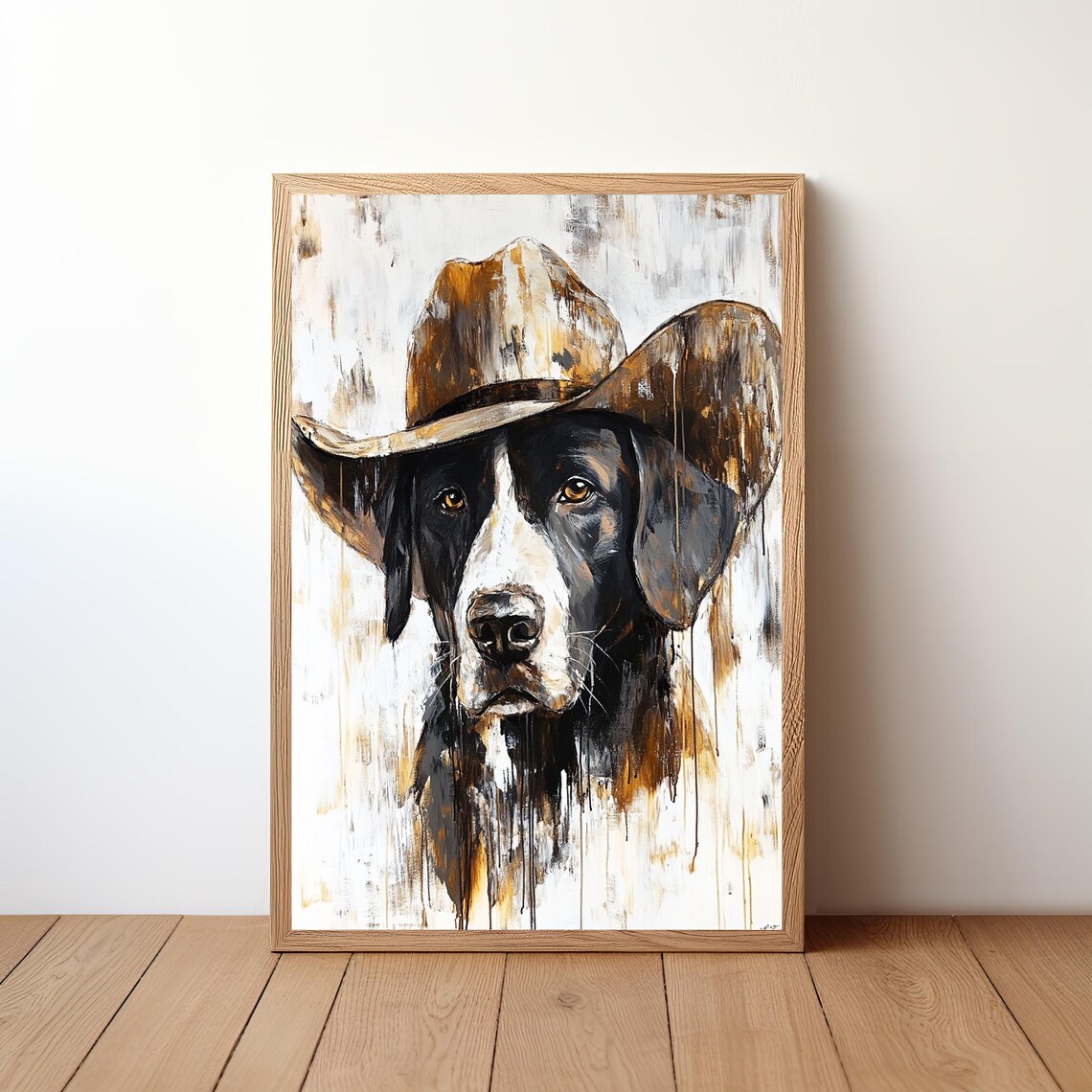 Funny Black Dog in Cowboy Hat Western Rustic Painting Poster