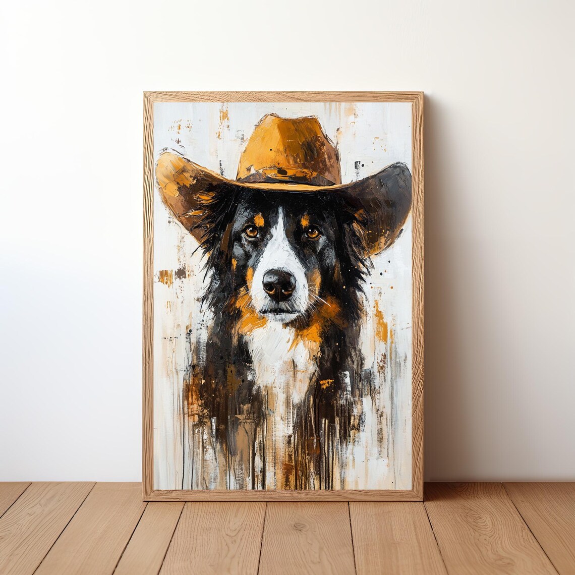 Long Haired Dog in Cowboy Hat Western Rustic Painting Poster
