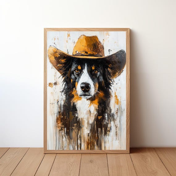 Cowboy Dog Wall Art Western Print Rustic Farmhouse Decor Funny Painting Pet Artwork Lover Gift Poster Dog24