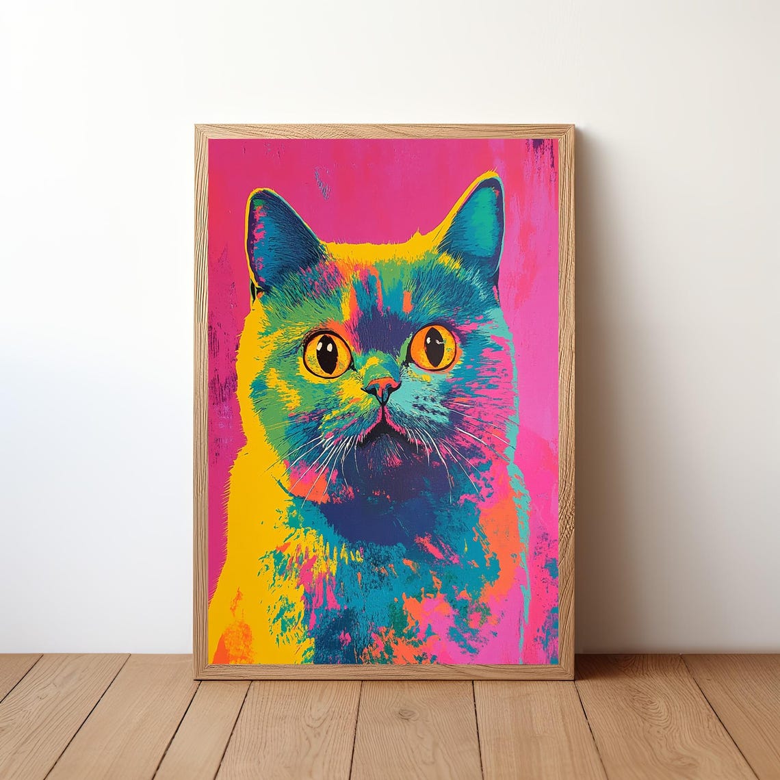Neon Pop Art Cat Portrait Colorful Feline Face Modern Poster