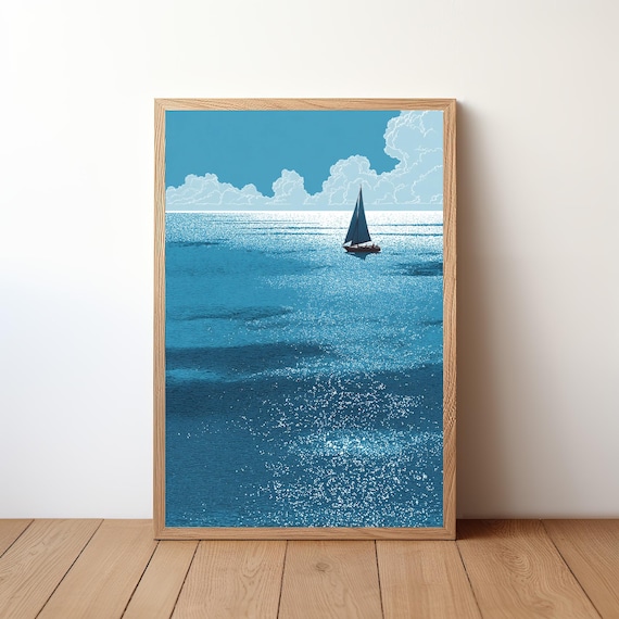 Lone Sailboat On Shimmering Teal Sea Under White Clouds Ocean Art Poster