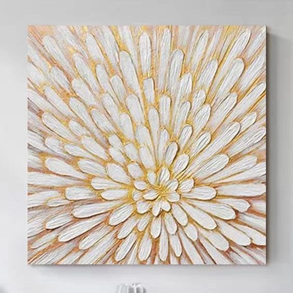 White Gold Radial Petals Flowerburst Square Textured Art Poster