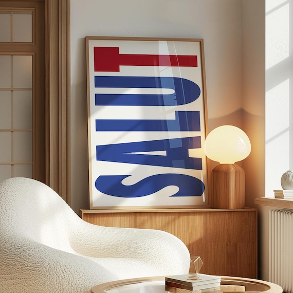 Salut Retro Style French Quote, Mid-Century Typography
