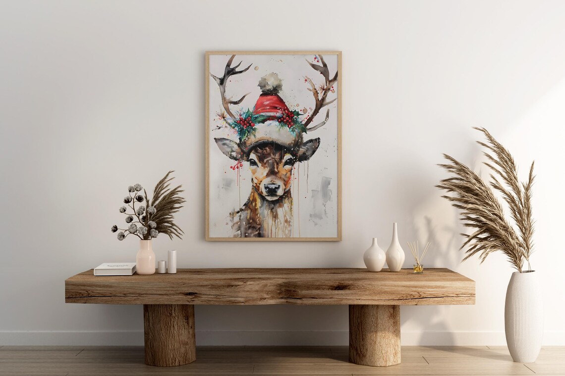 Reindeer In Santa Hat Watercolor Festive Deer Christmas Art Poster - Image 2