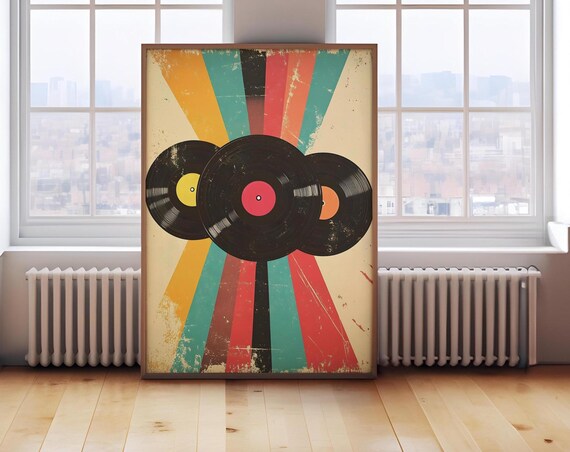 Three Retro Vinyl Records Over A Vibrant Colorful Sunburst Poster