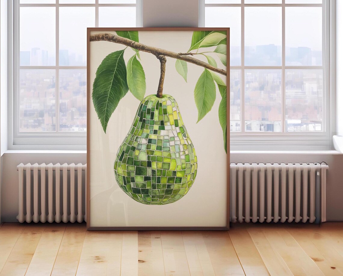 Retro Pear Disco Ball Art Print, Kitchen Bar Cart Decor