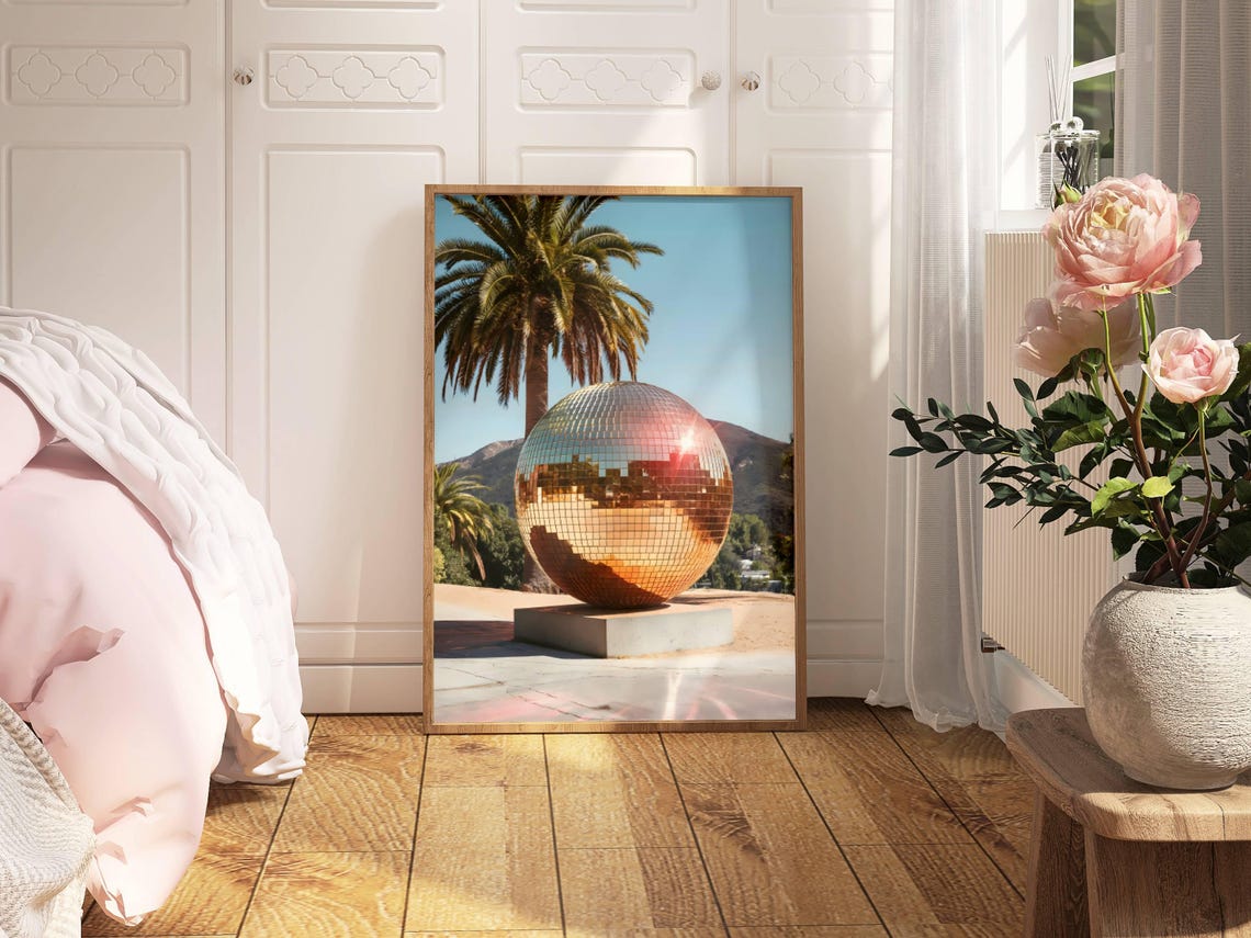 Giant Disco Ball Golden Sunset Palm Tree Photography Art Poster - Image 2