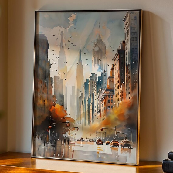 New York City Watercolor Print Autumn Skyline Wall Art Manhattan Street Painting Nyc Taxi Urban Landscape