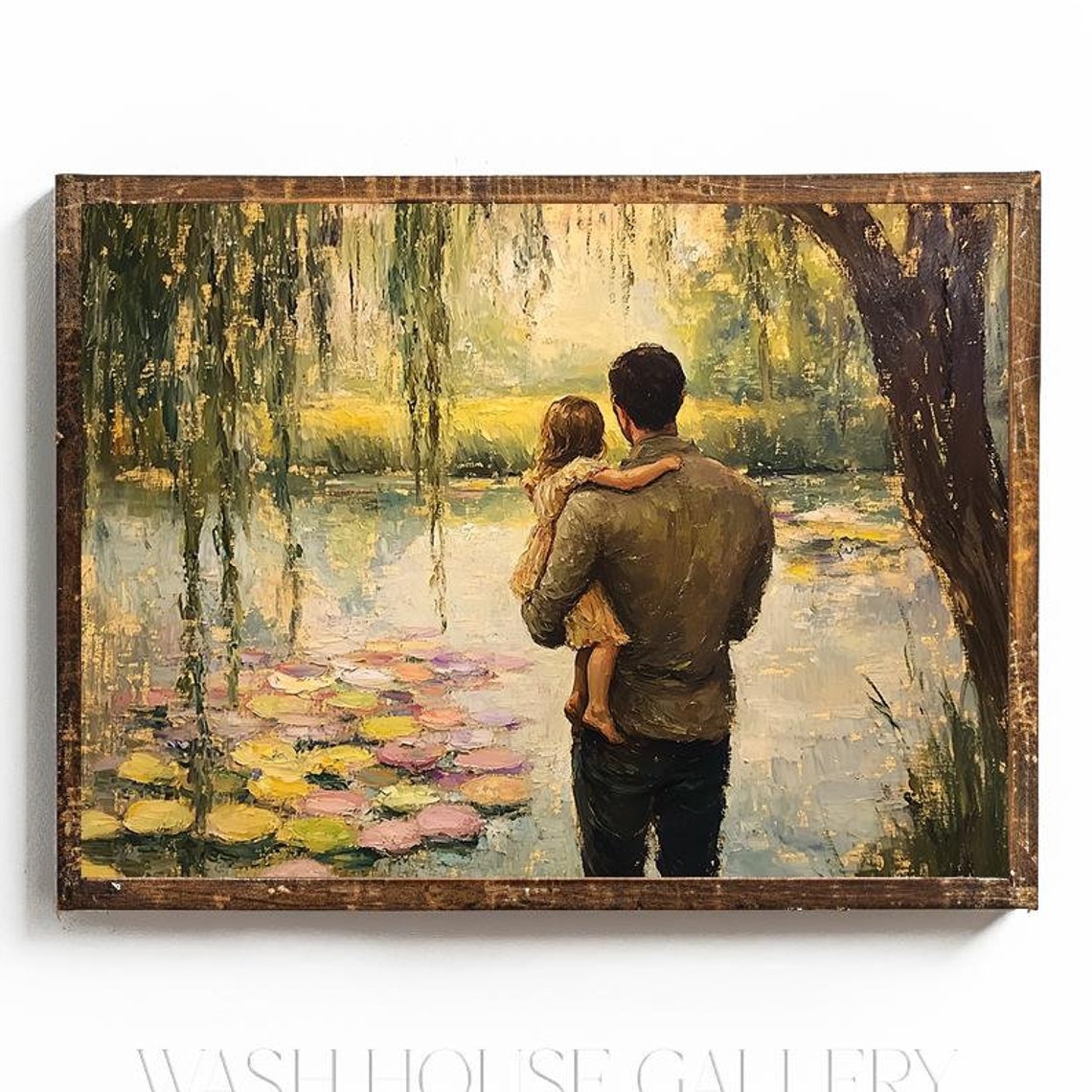 Father Holding Daughter by the Lily Pond Willow Trees Poster