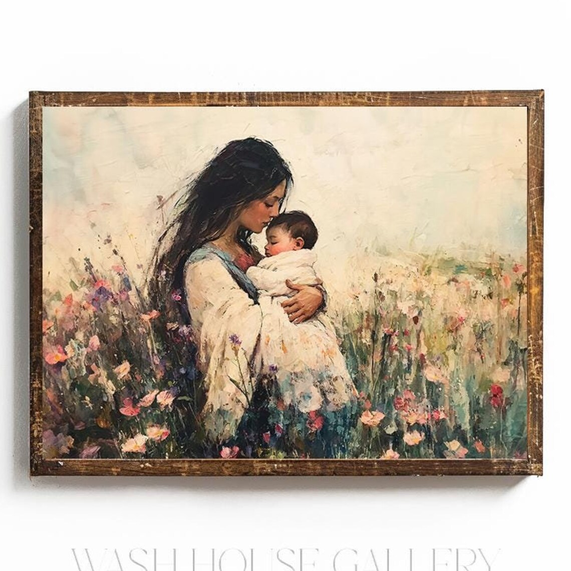 Mother Kissing Her Newborn in a Wildflower Meadow Art Poster