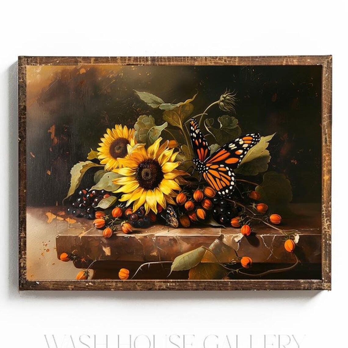 Sunflowers with Monarch Butterfly and Dark Grapes Still Life Poster