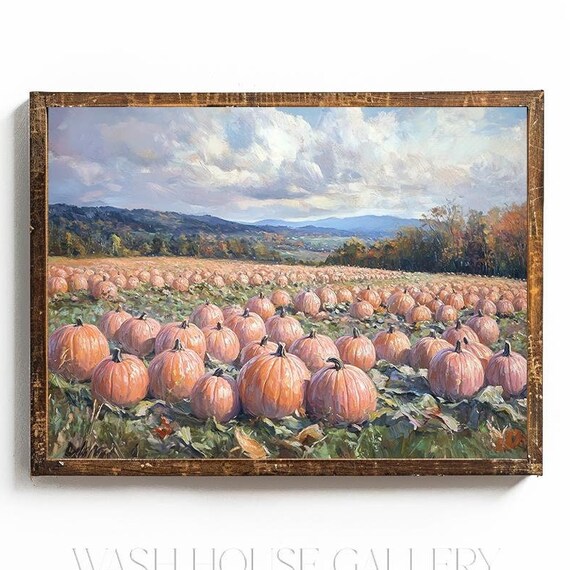 Endless Pumpkin Patch Field Beneath a Cloudy Autumn Sky Poster