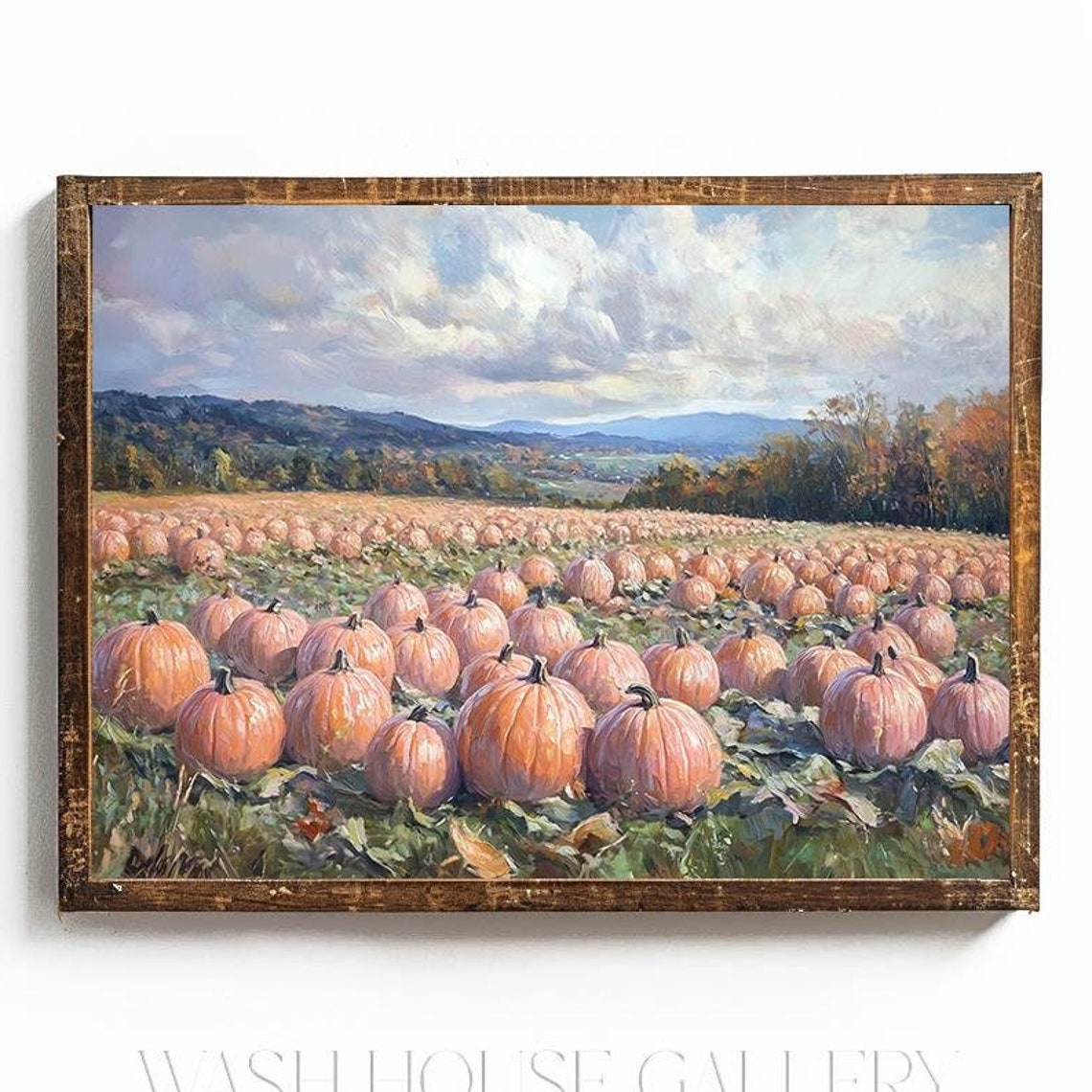 Endless Pumpkin Patch Field Beneath a Cloudy Autumn Sky Poster