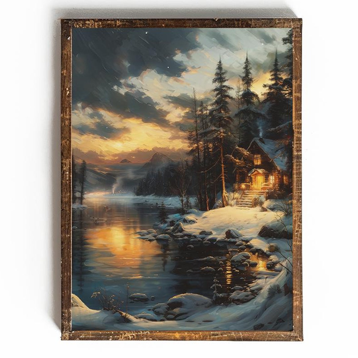 Winter Cabin on the Lake at Sunset Cozy Snowy Lodge Scene Poster