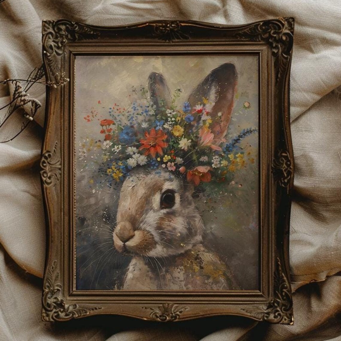Vintage Rabbit Portrait Wearing a Wildflower Crown Oil Painting Poster