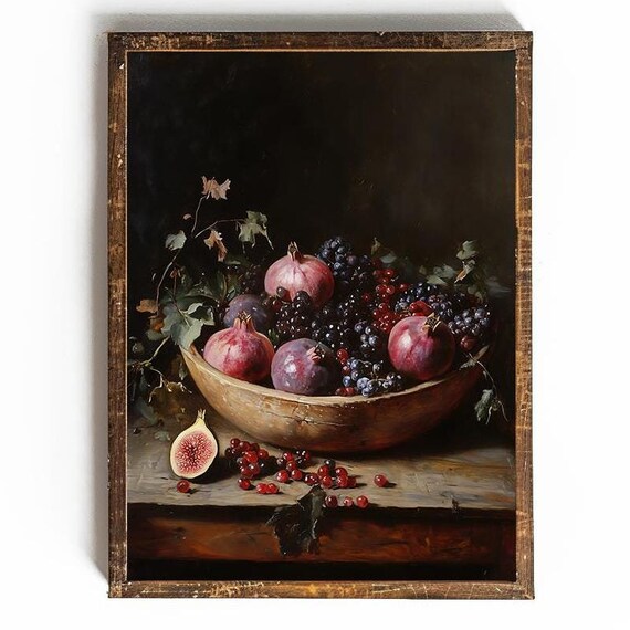 Dark Academia Kitchen Wall Art Vintage Pomegranate Dark Cottagecore Kitchen Decor Moody Wall Art Dark Fruit Painting Pomegranate