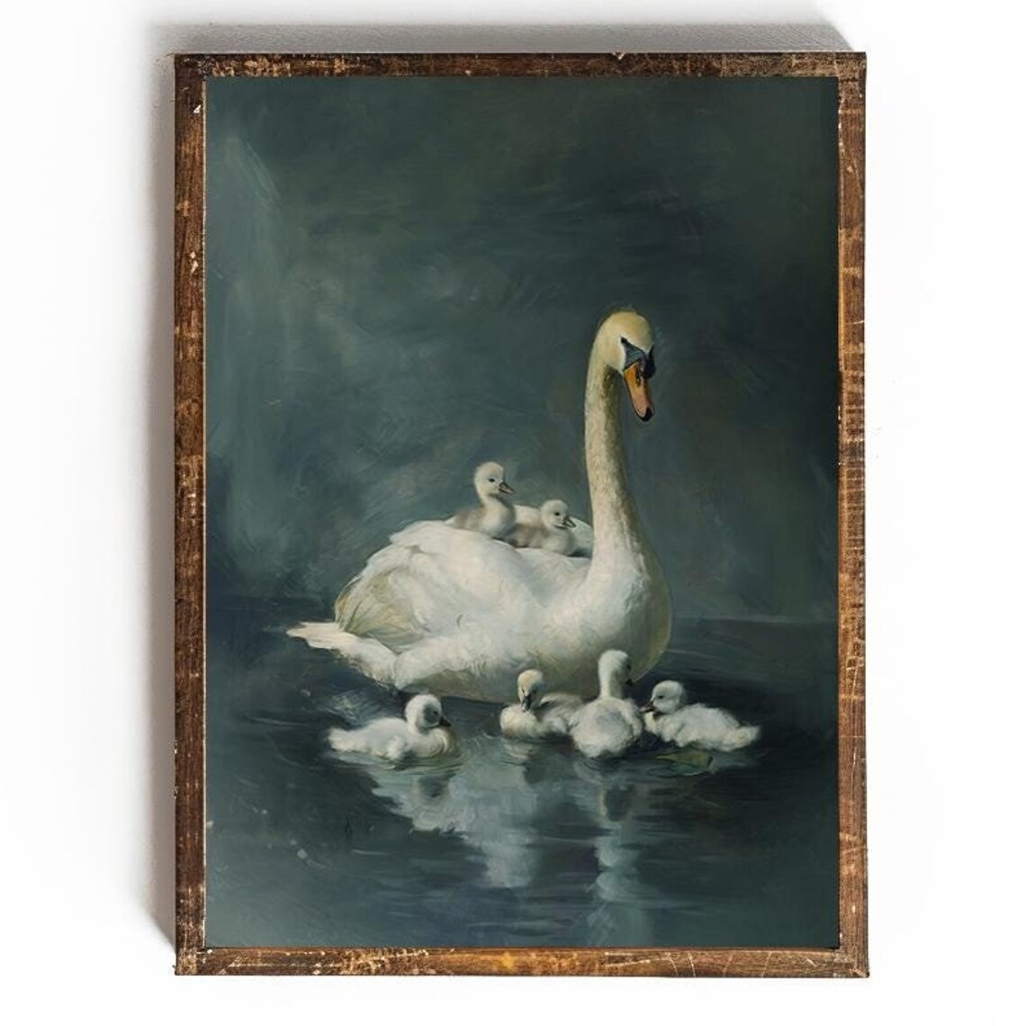Swan Mother with Cygnets on Dark Teal Water Moody Nursery Poster