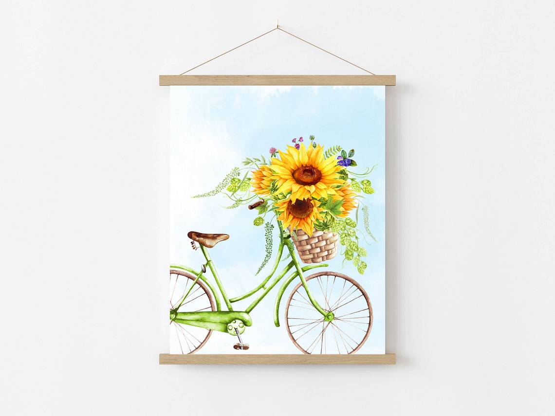 Green Bicycle With Sunflower Basket Summer Watercolor Poster - Image 3