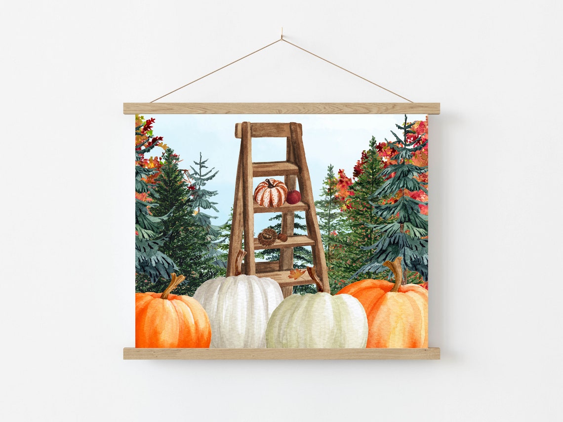 Wooden Ladder with Pumpkins Fall Forest Harvest Scene Wall Poster - Image 2